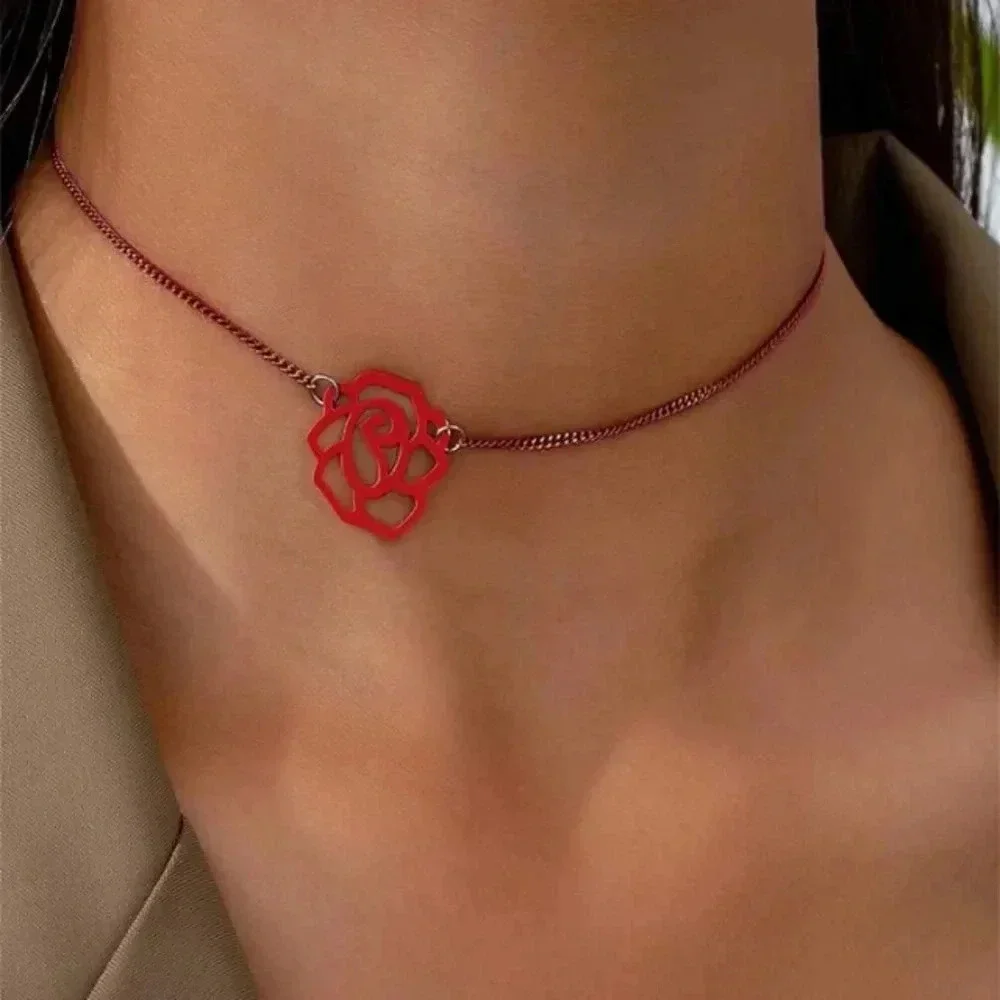 Black chain with black cutout rose pendant necklace casual floral flare gift